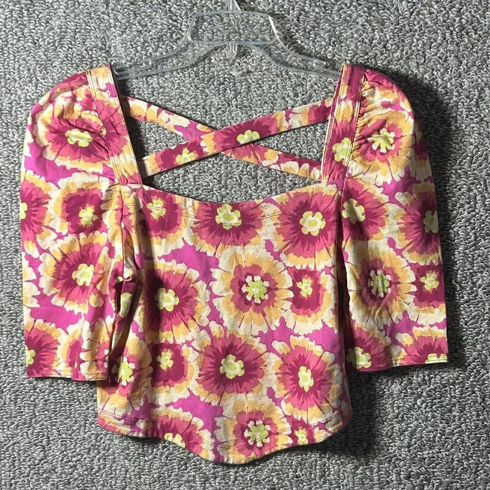 Free People Floral Crop‎ Top Pink Yellow Cross Back Puff Sleeve Womens Large